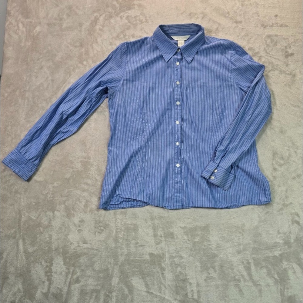 Casual Corner Long Sleeve Cotton Button Up Top Blue Stripe Women's Size 16 Vtg